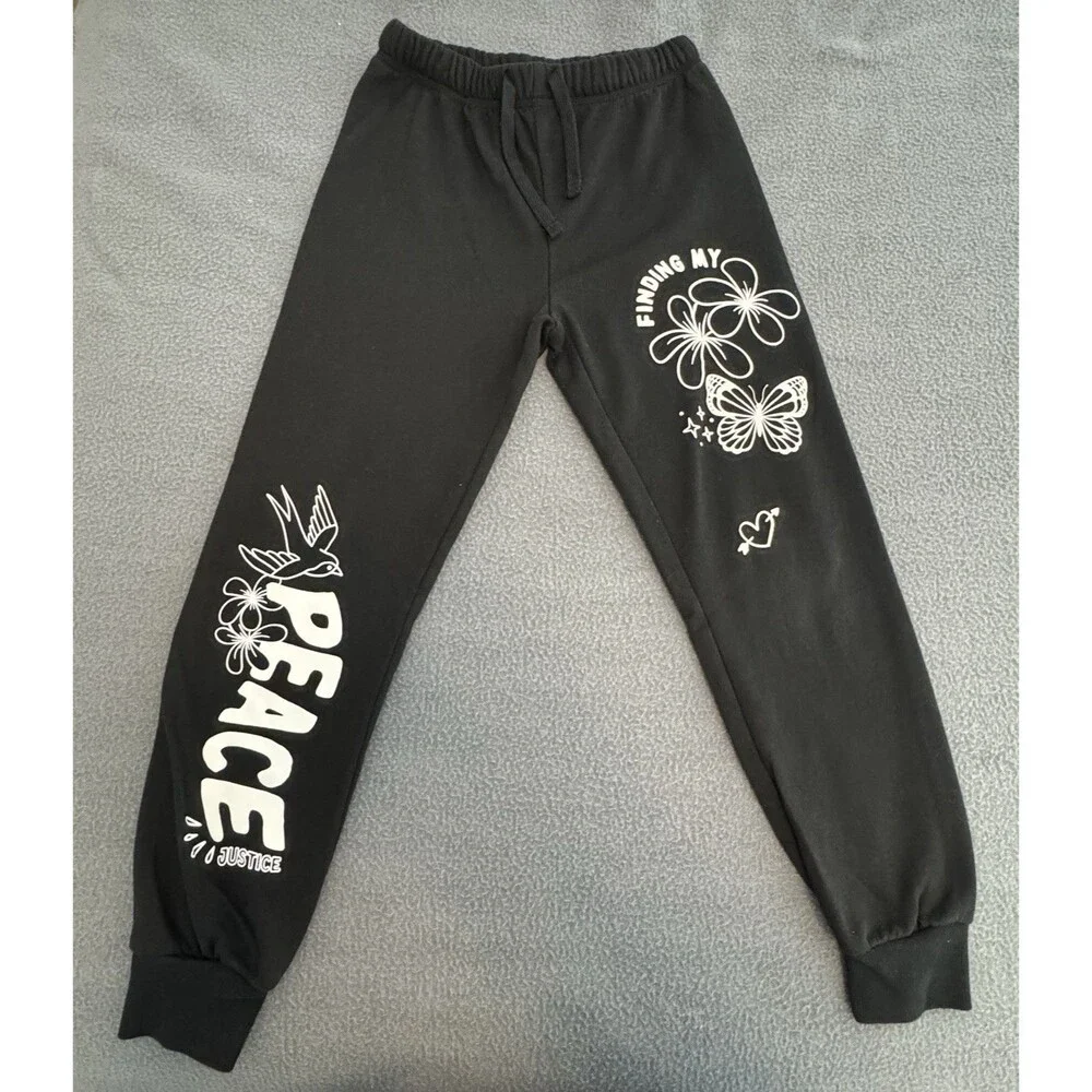 Justice Girls Black Fleece Jogger Sweatpants Peace Butterfly Flower Graphic M 10